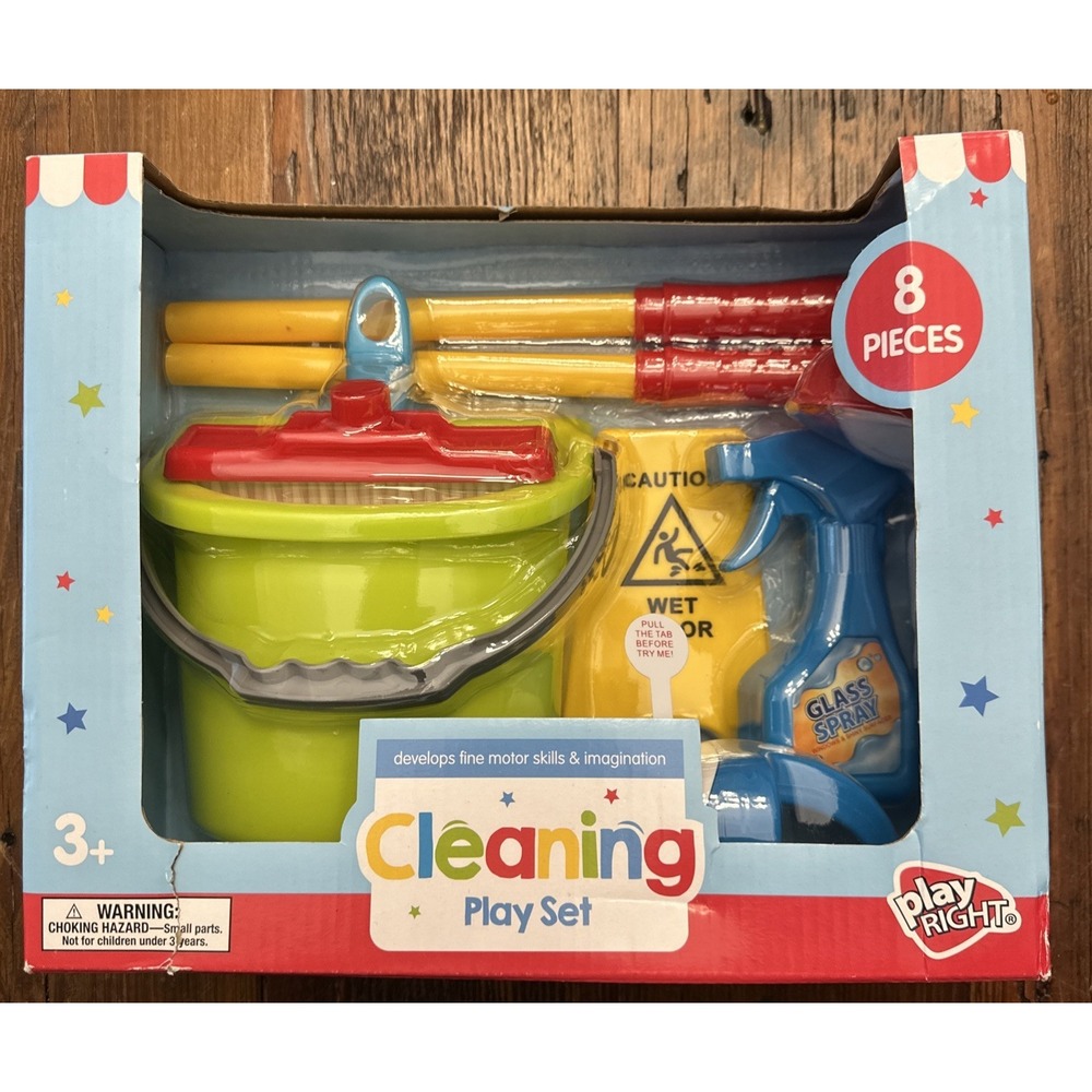 New  Play Right Kids Cleaning Playset with Toy Broom, Mop, Duster & Accessories